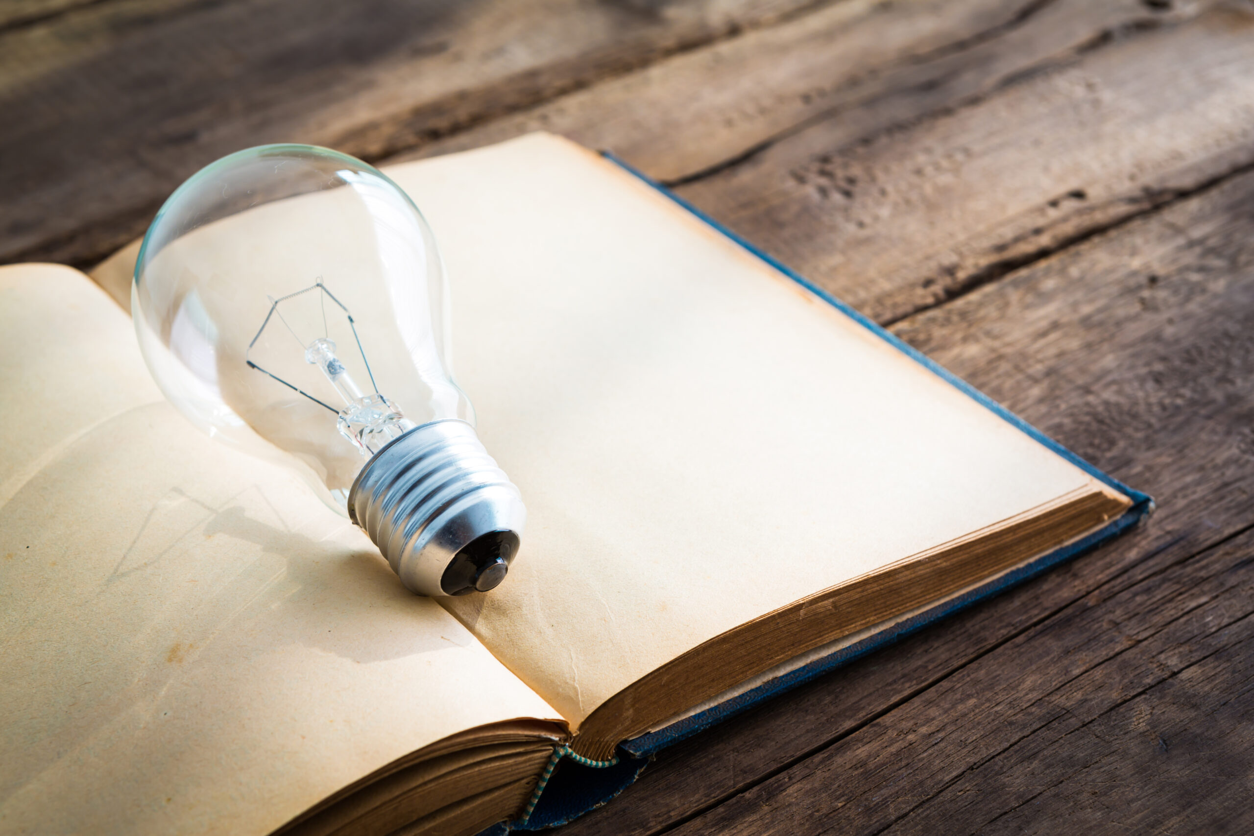 Services vintage book and light bulb on wood table